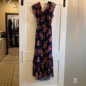 Navy and pink floral off the shoulder maxi dress